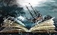 дерево, пейзаж, море, молния, корабль, брызги, океан, мысли, книга