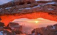 свет, скалы, солнце, снег, зима, лучи, утро, пустыня, рассвет, сша, штат юта, национальный парк каньонлендс, меса арк