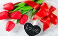 красные, любовь, букет, тюльпаны, лента, подарок, романтик,  цветы, валентинов день, сердечка, gift box