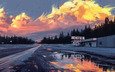 дорога, арт, рисунок, закат, горизонт, кафе, ландшафт, aenami, 2019, by aenami, alena aenami