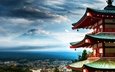 японии, панорама города, фудзияма, senso-ji temle, пагода храма сенсо-дзи, fuji mountain