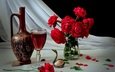 розы, бокал, вино, кувшин, натюрморт