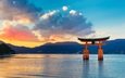 небо, облака, закат, море, япония, torii gate