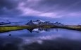 озеро, горы, снег, отражение, сумерки, исландия