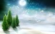 рисунок, деревья, снег, природа, луна, ели