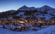 вечер, снег, зима, города, город, швейцария, дома, здания, снегу, : швейцария, davos, снеге, давос