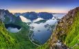 вода, горы, природа, пейзаж, вид сверху, норвегия, лофотенские острова, reine, reinebringen