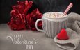 цветы, чашка, зефир, день святого валентина, горячий шоколад, anya ivanova