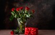 розы, красные, ваза, лента, подарок