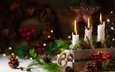 свечи, новый год, елка, хвоя, ветки, праздник, рождество, шишки, ящик, композиция