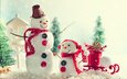 снег, новый год, конфеты, праздник, рождество, снеговики, санки, фигурка, композиция, декор