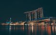 отражение, город, архитектура, здания, ночные огни, сингапур, marina bay sands