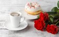 цветы, кофе, блюдце, чашка, пончик, красные розы