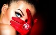 девушка, взгляд, кольцо, макияж, украшение, крупно, красивые глаза, красные перчатки, лоб
