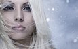 снег, девушка, снежинки, портрет, взгляд, модель, лицо, голубые глаза, длинные волосы, блондика