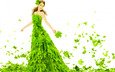 зелень, листья, девушка, платье, листва, белый фон, наряд, макияж, прическа, красивая, шатенка