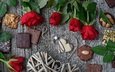 цветы, сладости, сердце, шоколад, печенье, день святого валентина, красные розы
