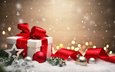 снег, игрушки, лента, подарок, праздник, новогодние украшения, декор