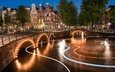 свет, ночь, огни, город, канал, нидерланды, амстердам