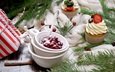 новый год, зима, ягоды, праздник, рождество, сахарная пудра, кексы, декор, клюква, крем