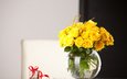 цветы, розы, букет, ваза, лента, подарок, желтая роза