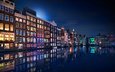 ночь, отражение, город, амстердам