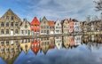 отражение, город, канал, набережная, бельгия, фландрия, брюгге