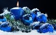 снег, новый год, фон, синий, шарики, горит, свеча, темный