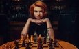 девушка, шахматы, взгляд, рыжая, лицо, руки, рыжеволосая, бутылочки, janusz żołnierczyk, wiktoria gajzler