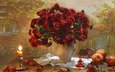 цветы, стиль, яблоки, букет, свеча, хризантемы, осенний натюрморт