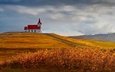 поле, гора, осень, церковь, холм, исландия
