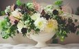 цветы, букет, белые, много, ваза, хризантемы, разные, композиция, георгины
