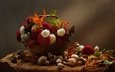 цветы, листья, осень, грибы, корзина, ягоды, салфетка, натюрморт, рябина, светлана ковалёва