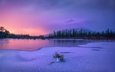деревья, озеро, горы, закат, зима, канада, провинция альберта, национальный парк банф, канадские скалистые горы