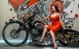 девушка, поза, мотоцикл, красное платье