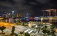 ночь, фонари, огни, залив, здания, сингапур