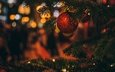 новый год, елка, шары, хвоя, зима, ветки, красные, шарики, блеск, игрушки, праздник, рождество, елочные украшения, огоньки, гирлянда, боке