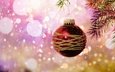 новый год, хвоя, зима, ветки, красный, блики, шар, шарик, звездочки, праздник, рождество, елочные украшения, огоньки, розовый фон, боке, позолота