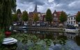 облака, деревья, лодки, канал, дома, машины, нидерланды, monnickendam