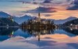 озеро, горы, закат, отражение, церковь, остров, словения, бледское озеро, assumption of mary pilgrimage church, блед, julian alps