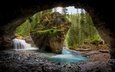 природа, водопад, поток, пещера