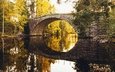 деревья, река, отражение, мост, осень, каменный мост