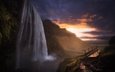 скалы, закат, водопад, исландия