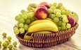 виноград, фрукты, доски, персики, корзинка, бананы, композиция, нектарины, ассорти
