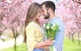 цветы, деревья, девушка, парк, любовь, пара, тюльпаны, мужчина