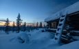деревья, вечер, снег, закат, зима, дом, сугробы, изба, финляндия, лапландия