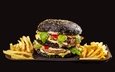 гамбургер, темный фон, картофель фри