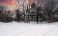 храм, закат, зима