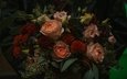листья, розы, темный фон, букет, мужчина, подарок, хризантемы