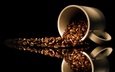 отражение, кофе, черный фон, чашка, кофейные зерна